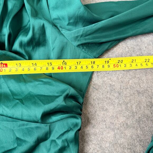 Alexa Admor Emerald Green Long Dress Rouched Sleeve High Neck Draped Satin Sz 8 - Picture 14 of 14